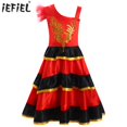 thumbnail image 2 of Vestido de baile con falda oscilante para salón de baile para niñas, disfraz de actuación, vestido con cinturón con volantes y hombros irregulares y tocado, 2 of 5