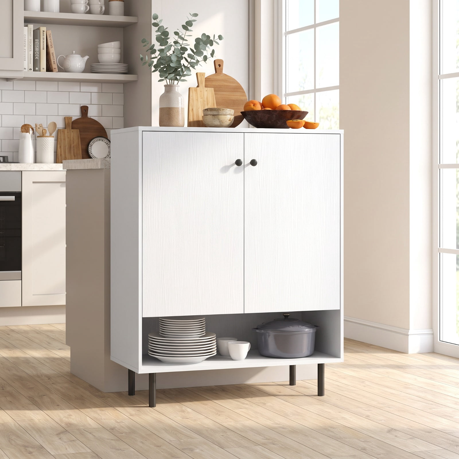Furnibear 2-Door Sideboard Buffet Cabinet Kitchen with Adjustable Shelf for Kitchen Dining Living Room Buffet Storage Server, White