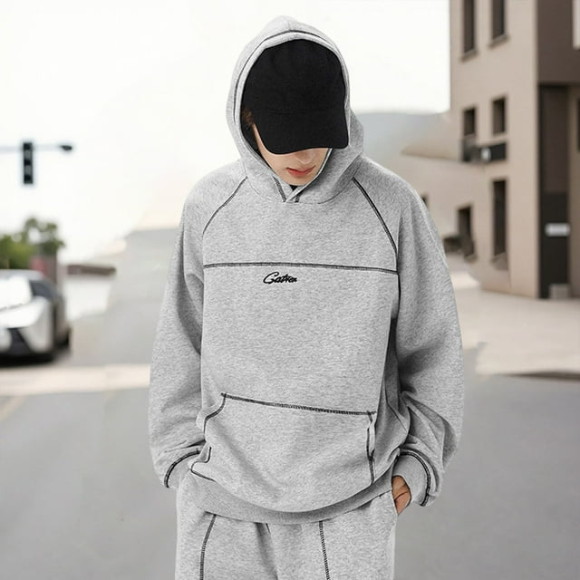 MHFRRA Sudadera con Capucha Extragrande con Bordado de Colores En contraste de Estilo Retro y Diseño de Pespuntes para Ropa Deportiva Informal de Otoño E Invierno Gris