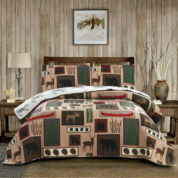 Green Essen 3 Pcs Reversible Cabin Bedding Lodge Moose Bear Quilt Set