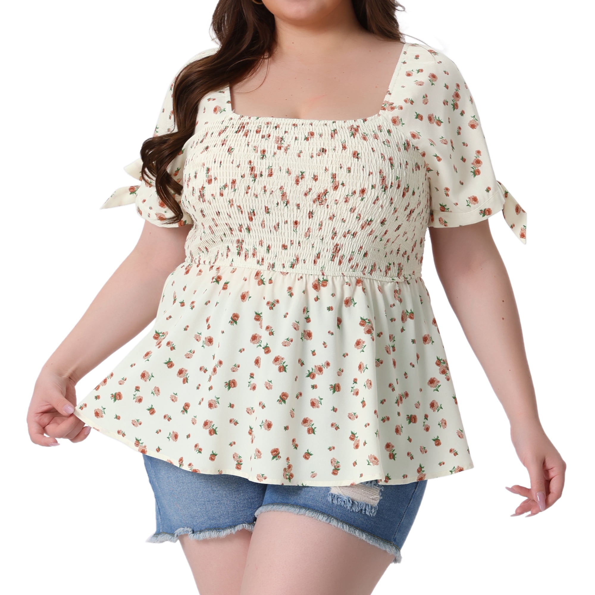 DARING DIVA Women's Plus Size Smocked Bow Tie Short Sleeve Peplum Blouse 4X Beige