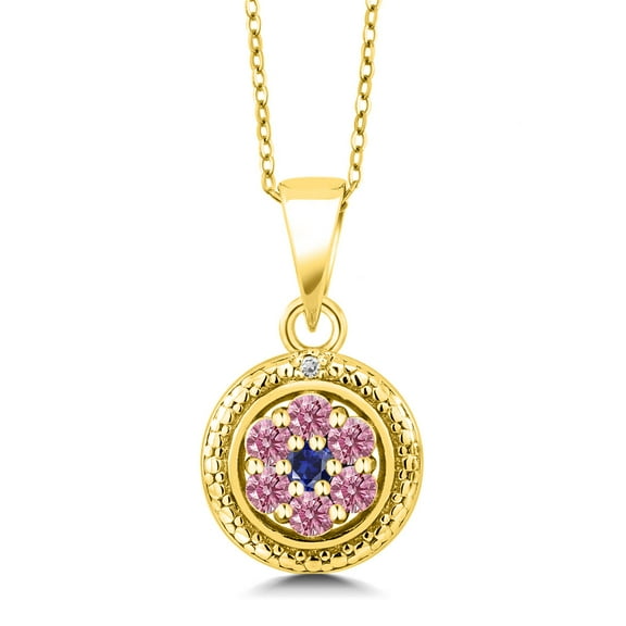 Gem Stone King 18K Yellow Gold Plated Silver Pink Lab Grown Diamond and Blue Created Sapphire Round Pendant Necklace for Women (0.35 Cttw, Gemstone Birthstone, with 18 inch Chain)