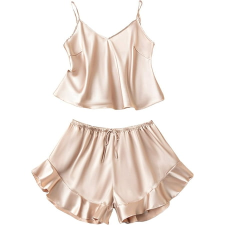 

ZWQIANFENGXI Women s Sexy Silk Satin Ruffled Pajamas Sets Cami Shorts Sets Sleepwear