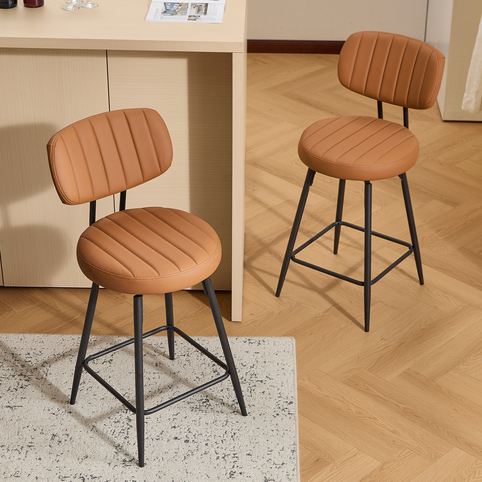 Furniliving 26" Modern Bar Stools Set of 2, Upholstered Swivel Counter Height Barstools with Back and Footrest, Adjustable Faux leather Barstool for Kitchen Island,Dining Room.Brown