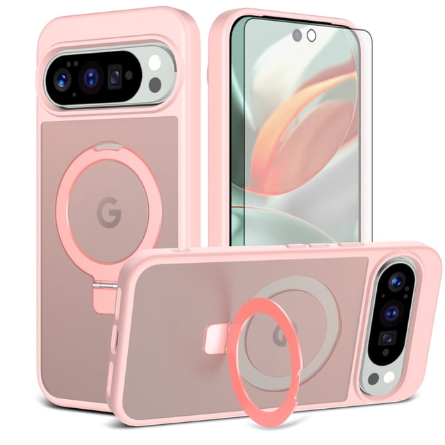 Asuwish Phone Case for Google Pixel 9 Pro XL/10 Pro XL Tempered Glass Screen Protector Magnetic Bracket stand Translucent Shockproof Protective Cell Cover Pixel9ProXL Pixel10ProXL Nine Women Men Pink