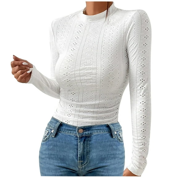 tarylea Going out Tops for Women Eyelet Crew Neck Shirts Slim Fitted Long Sleeve Tops Fall Basic Cute Tops