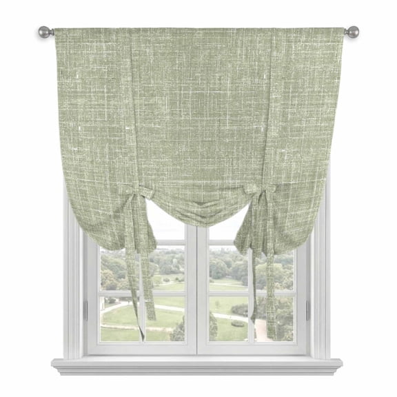 Sage Green Tie Up Curtains for Kitchen Windows,Adjustable Rod Pocket Valance 63 Inch Long, Rustic Farmhouse Linen Texture Window Treatment Balloon Roman Blind Shade, 42" x 63"