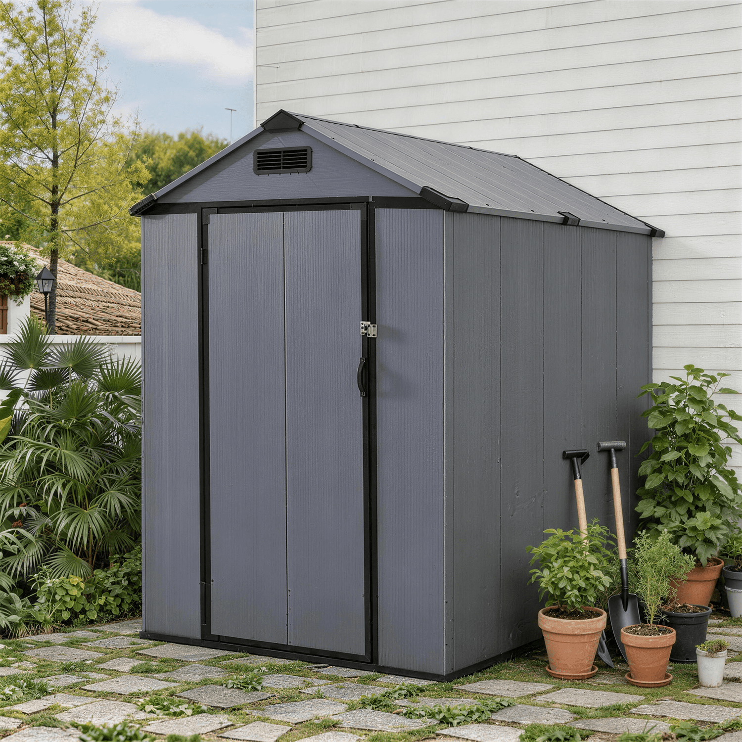 BaPiPro 6'x4' Resin Storage Shed, Heavy Duty Plastic Outdoor Shed with Floor, Metal Frame, Lockable Door, Weatherproof for Backyard, Garden, Patio, Gray