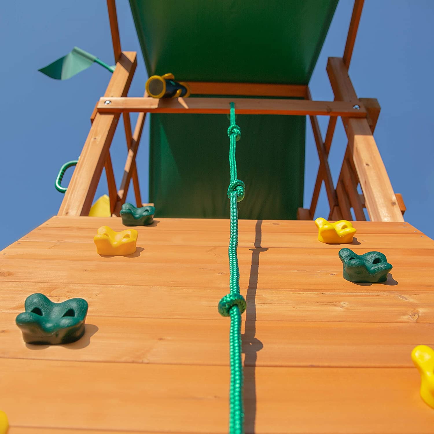 Gorilla Playsets 01-1086 Avalon Treehouse Wooden Swing Set Oversized Green Vinyl Canopy Roof, Two Slides, Climbing Wall, Ladder, and Swings