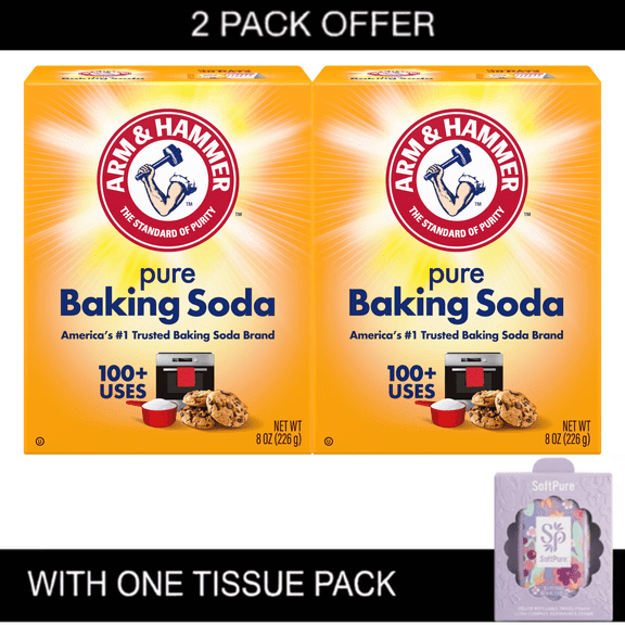2x | ARM & HAMMER Baking Soda for Cooking, Cleaning, Laundry, Deodorizing, & More, 8 oz Box with Tissue Pack