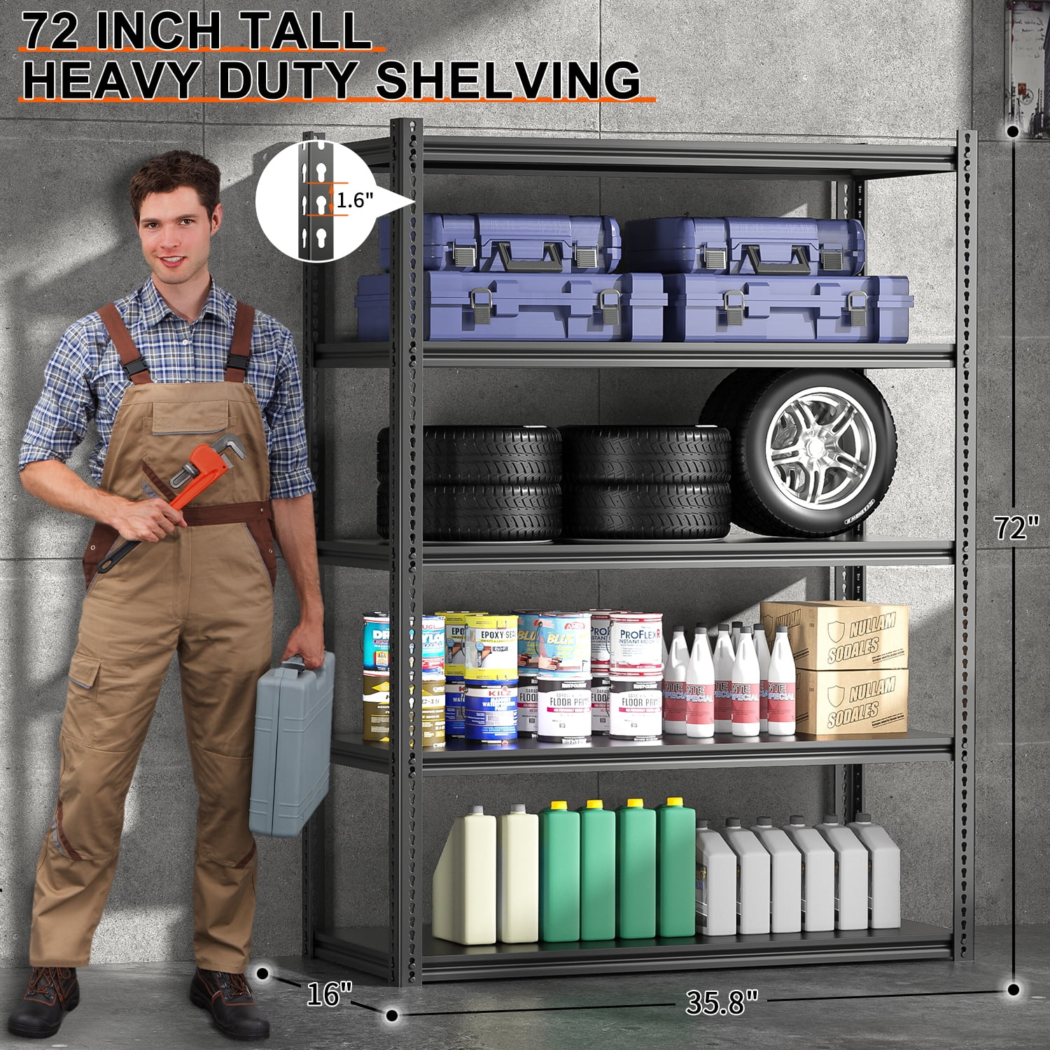 MOPHOTO 36" L x 16" W x 72" H Adjustable 5 Tier Garage Shelving Heavy Duty Support 1100lbs, Metal Shelves for Storage, Industrial Utility Racks, Garage Storage Shelves Heavy Duty Shelving