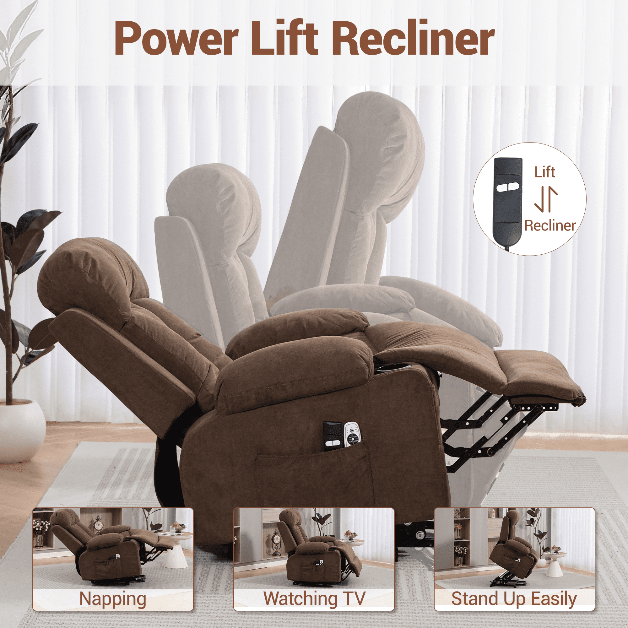 DELMANGO Power Lift Recliner Chair for Elderly, Electric Oversized Reclining Sofa with Vibration Massage & Heat, Cup Holder and USB Charging Port for Living Room, Brown