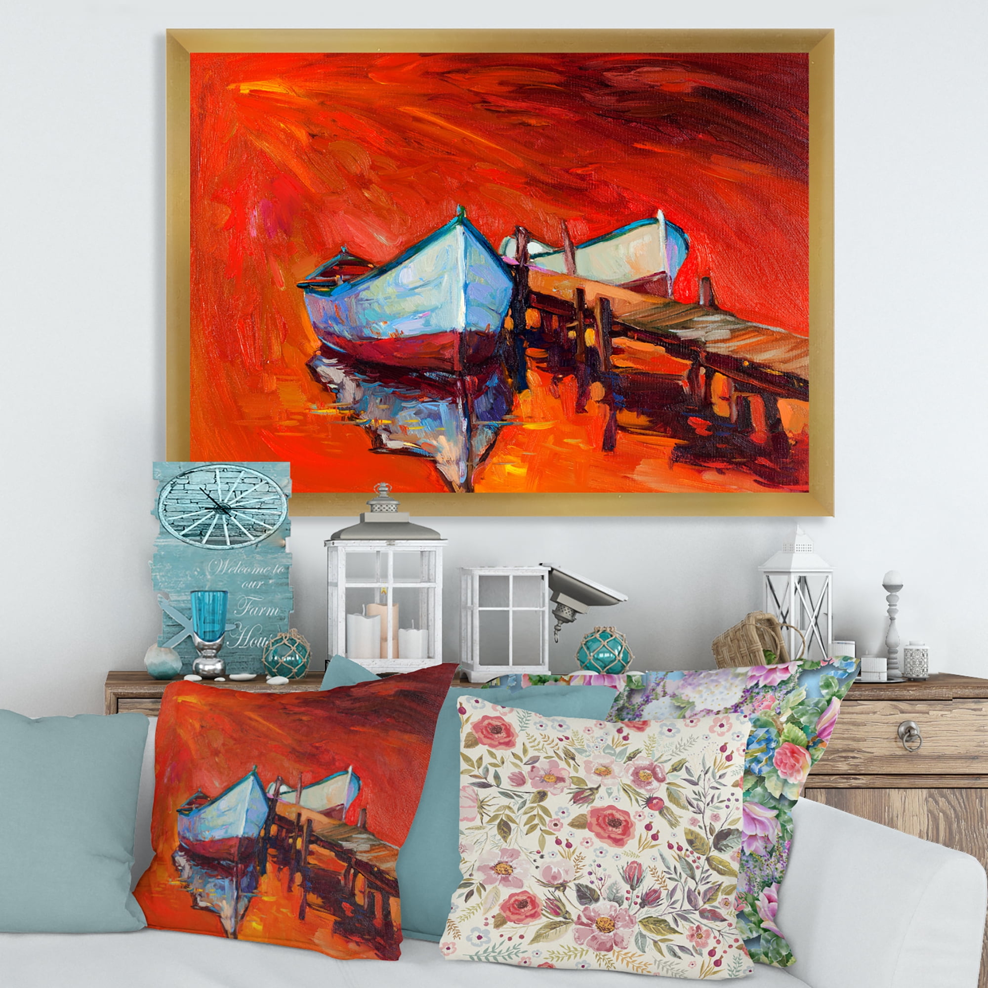 Designart 'Boats Near Coastal Town Resting On The Water IV' Nautical & Coastal Framed Art Print