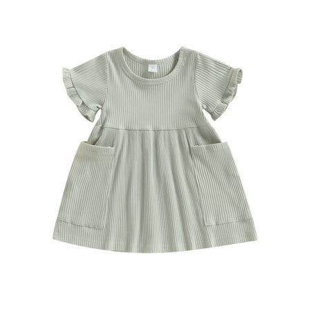 

Toddler Girl Knitted Sweater Dress Solid Ruffle Short Sleeve Crewneck Ribbed Knit Dresses with Pockets Summer Outfit