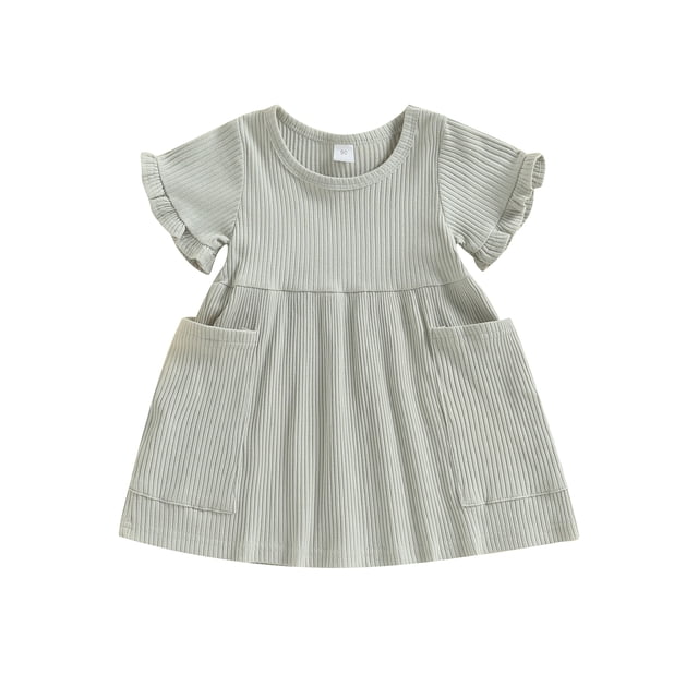 Faithtur Robes pour Filles, Manches Courtes Col Rond Couleur Unie Poches Robe Princesse Taille Haute pour Fête