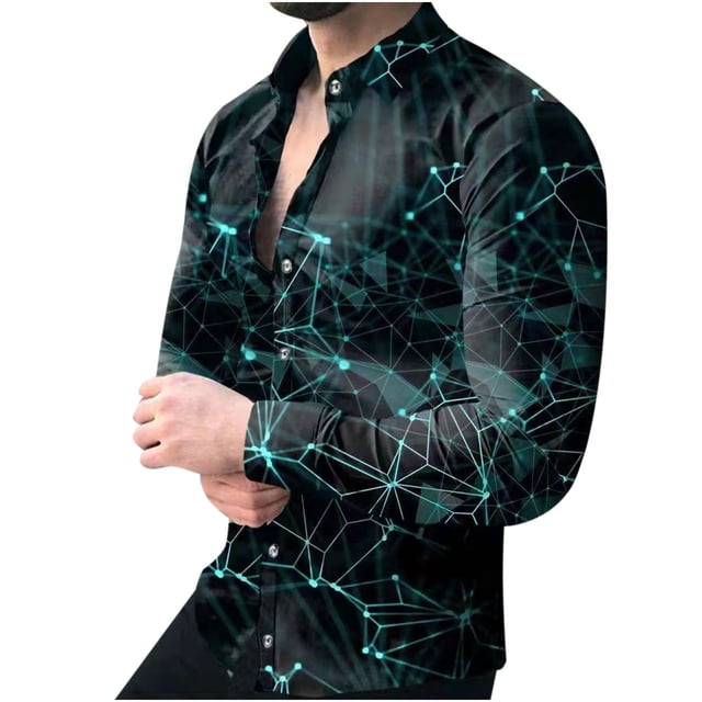 Camisa casual estampada con gráfico geométrico delgado degradado de manga larga para hombre Pompotops oipoqjl28153