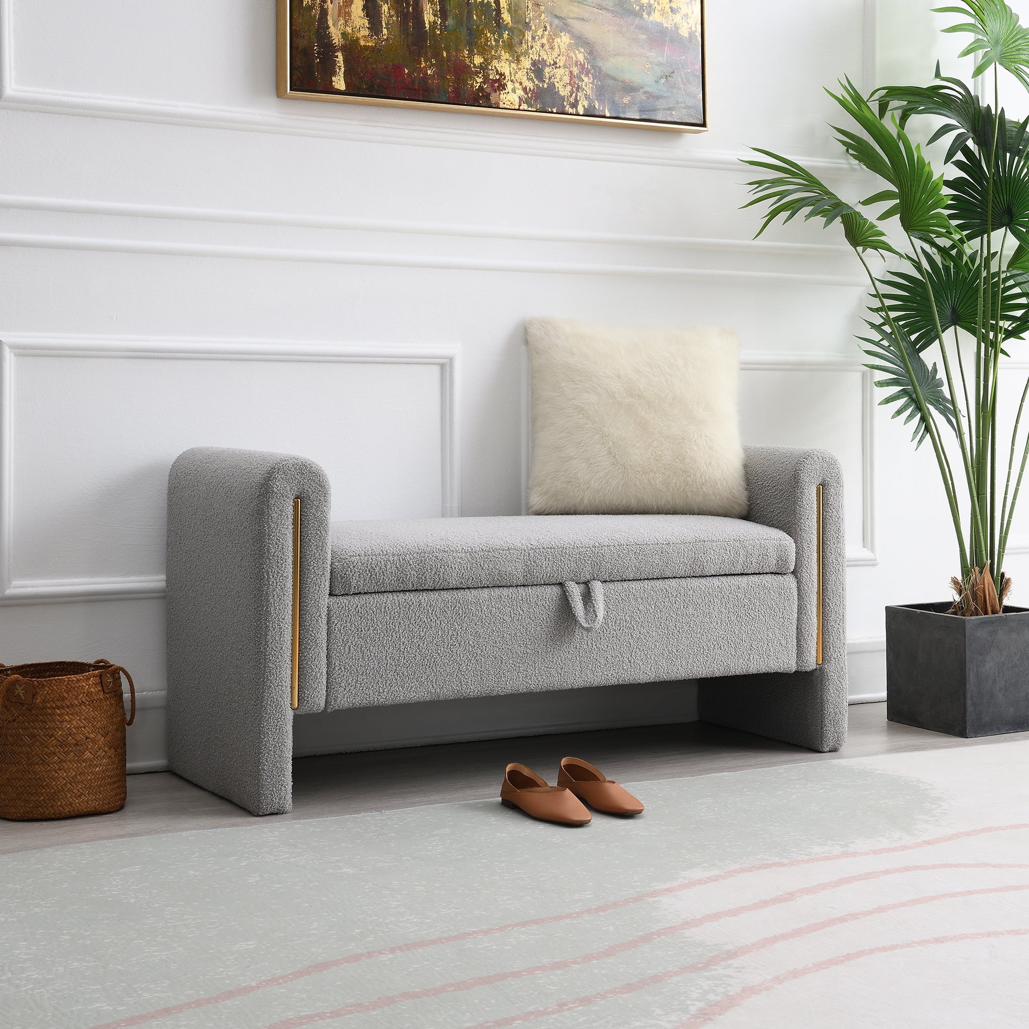 Miniyam Modern Teddy Fabric Upholstered Bed End Bench with Arms and Storage, for Living Room,Bedroom, Gray