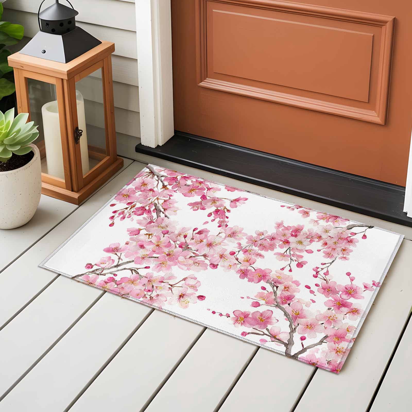 Spring Peach Flowers Entryway Rug 2'x3'&nbsp; Non Slip Front Door Mats, Pink Botanical Floral Leaves Branch Entrance Rugs Indoor Outdoor Carpet, Washable Floor Mats Small Area Rug for Bedroom Kitchen