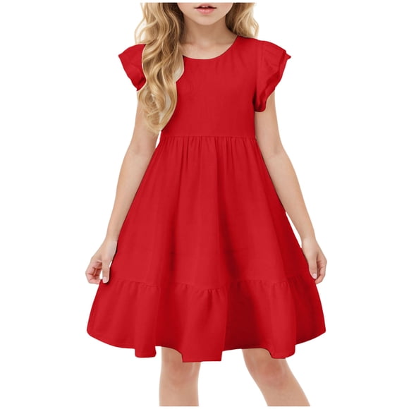 Ketyyh-chn99 Baby Girl Princess Bridesmaid Pageant Gown Birthday Party Wedding Dress Girls Dresses Kids Summer Double Layer Ruffle Sleeve Dress Size for 7-8 Years,Red