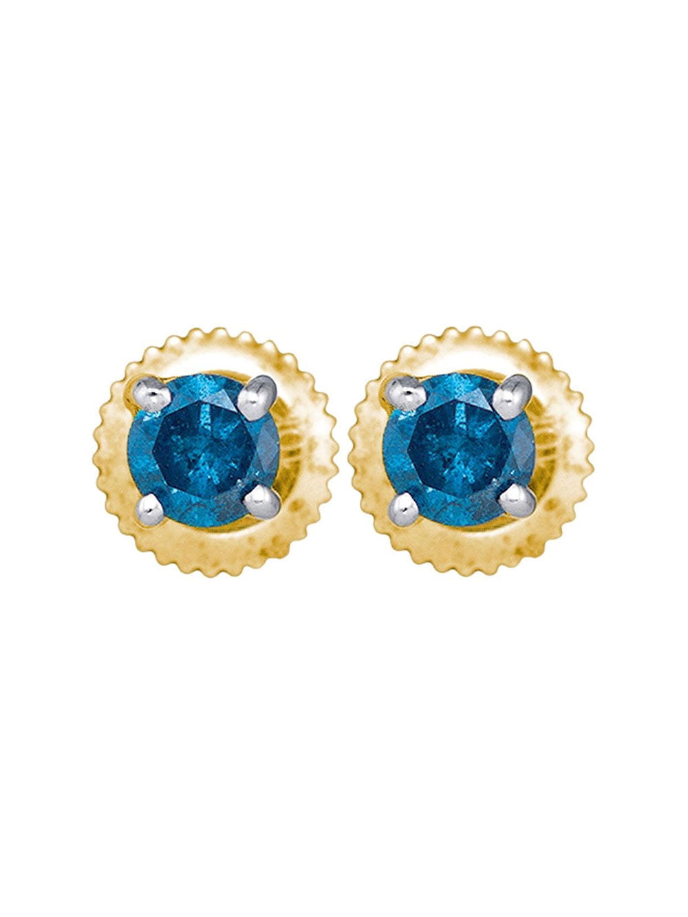 Jewel Tie Solid 10k Yellow Gold Round Blue Diamond Solitaire Stud Earrings 1/4 Cttw.