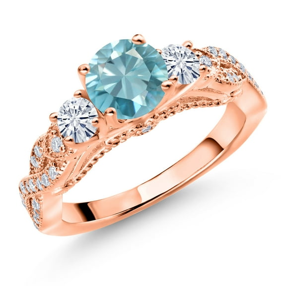 Gem Stone King 18K Rose Gold Plated Silver Blue Zircon and White Moissanite Engagement Ring for Women (1.67 Cttw, Gemstone December Birthstone, Round 6MM and 3MM, Size 7)