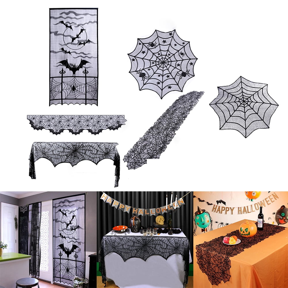 Halloween 2018 Props Party Scary Indoor Decorations Table Cover Black Lace Bat 