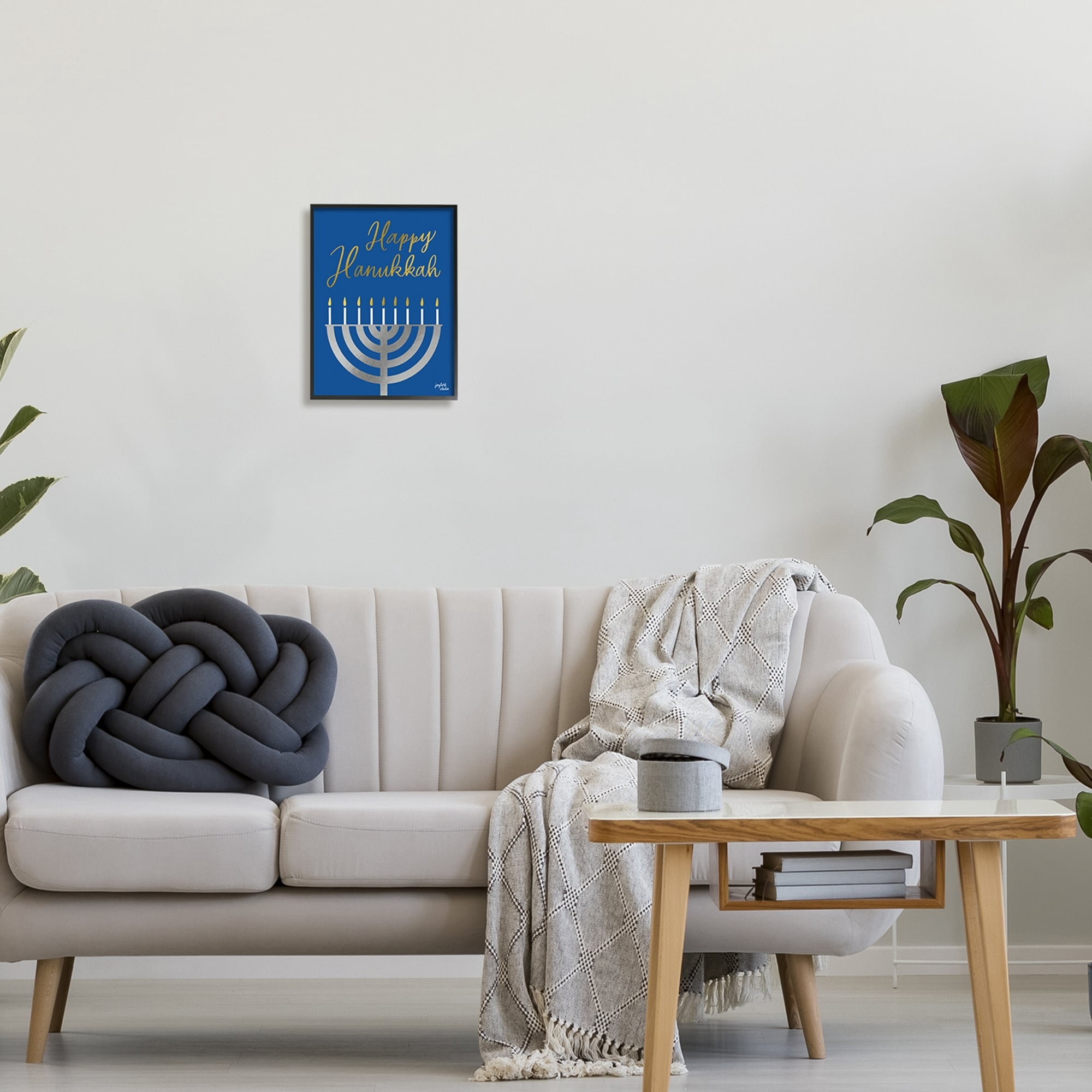 Stupell Industries Happy Hanukkah Calligraphy Radiant Lit Candles Menorah Graphic Art Black Framed Art Print Wall Art, Design by Jess Baskin