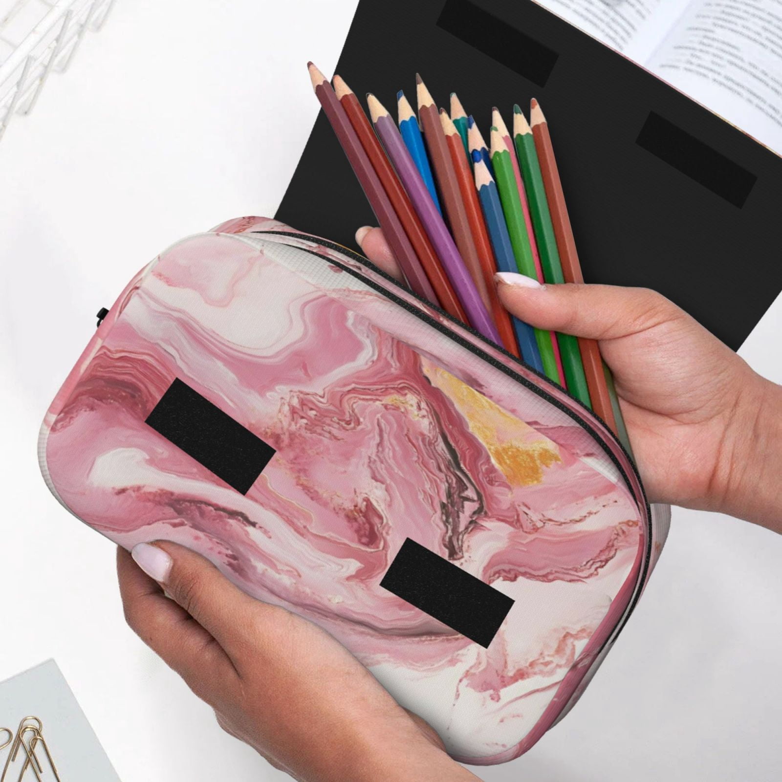Large-Capacity Flip-Top Double-Layer Pencil Case, Multi-Functional Pocket Pen Case, Durable Stationery Organizer Pink Marble_1