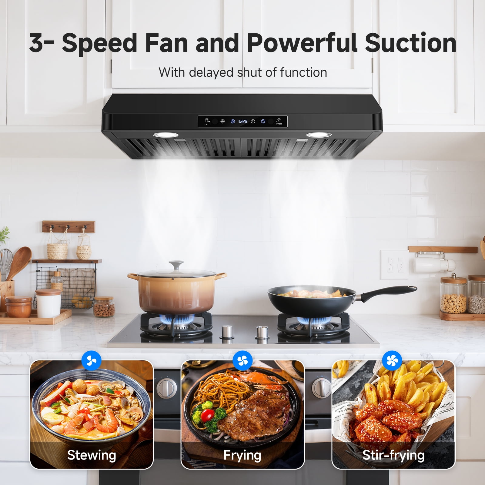 Aobosi Under Cabinet Range Hood 30 Inch, 750CFM Stainless Steel Kitchen Stove Vent Hood 3 Speed Exhaust Fan Touch/Remote/Gesture Control, Black
