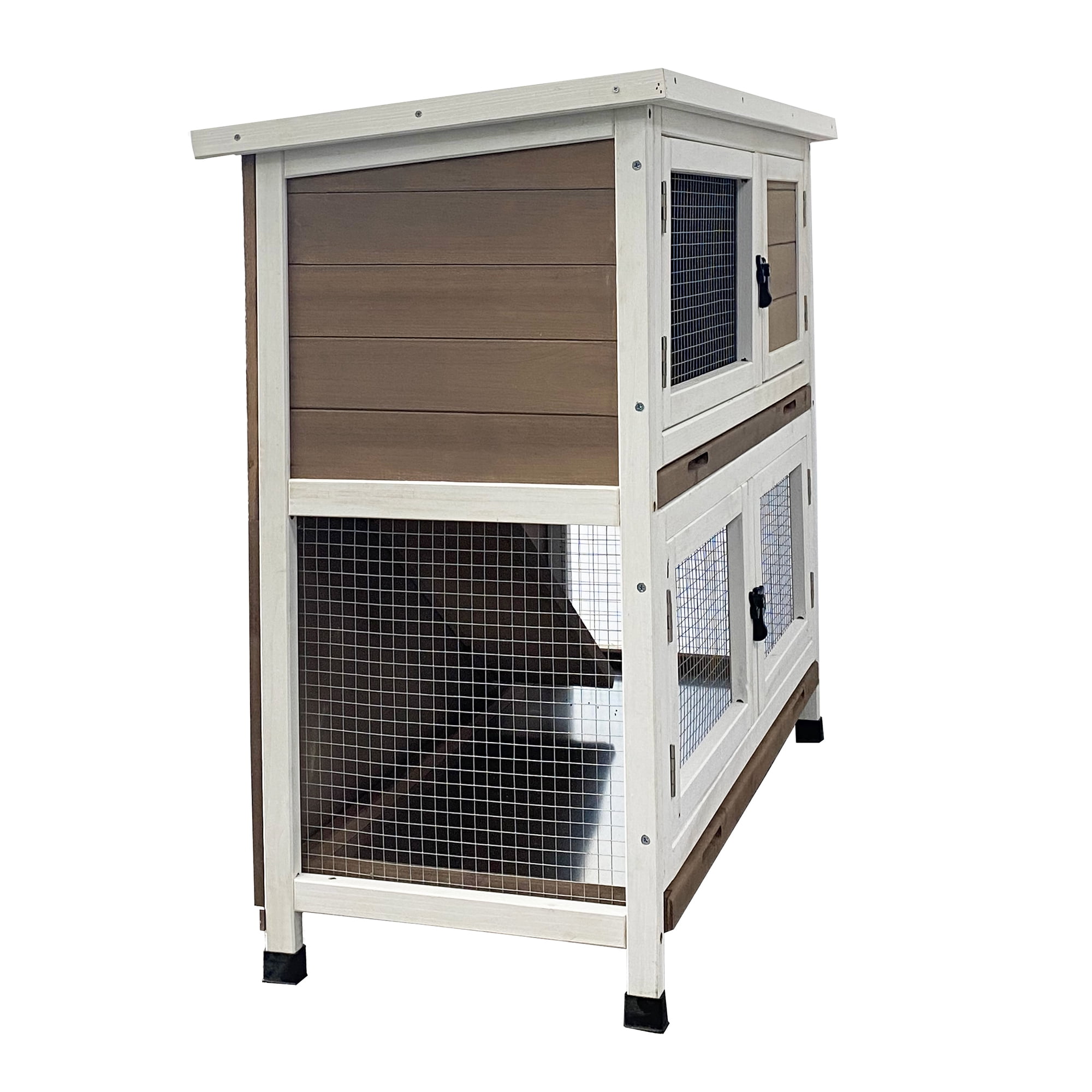 Pefilos 36" Solid Wooden Rabbit Hutches with Easy Clear Tray Wheels 2-Layer Rabbit Cages for Outdoor Hen House Open-able Roof, Brown Pefilos 36" Solid Wooden Rabbit Hutches with Easy Clear Tray Wheels 2-Layer Rabbit Cages for Outdoor Hen House Open-able Roof, Brown