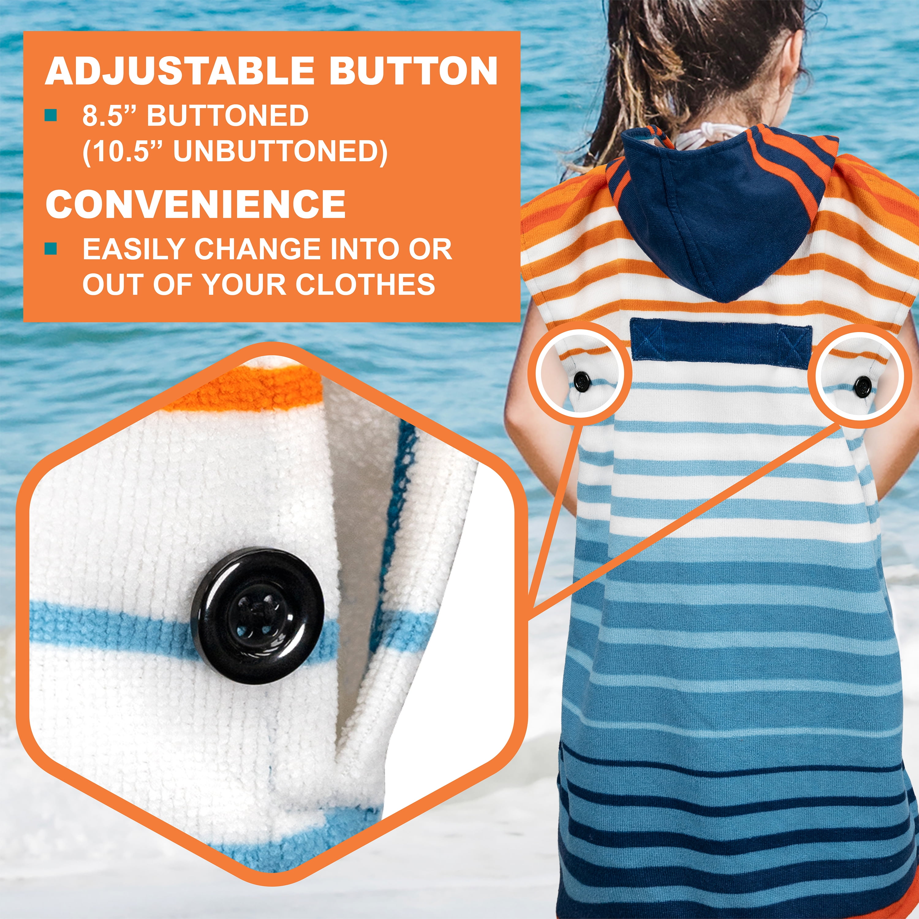SUN CUBE Kids Changing Robe Surf Poncho, Kids Beach Towels, Hooded Towel For Teens Bath Pool, Microfiber Quick Dry Wearable Towel Poncho with Hood, Swim Towel for Girls 8-12 Years,  Orange Stripe