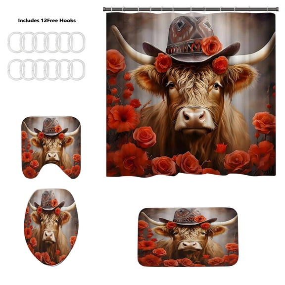 Deeceymbur Bathroom Shower Curtain Set 4-Piece Polyester Waterproof Mat Bath Mat Toilet Rug Bathroom Decor Coordinated Decor Set