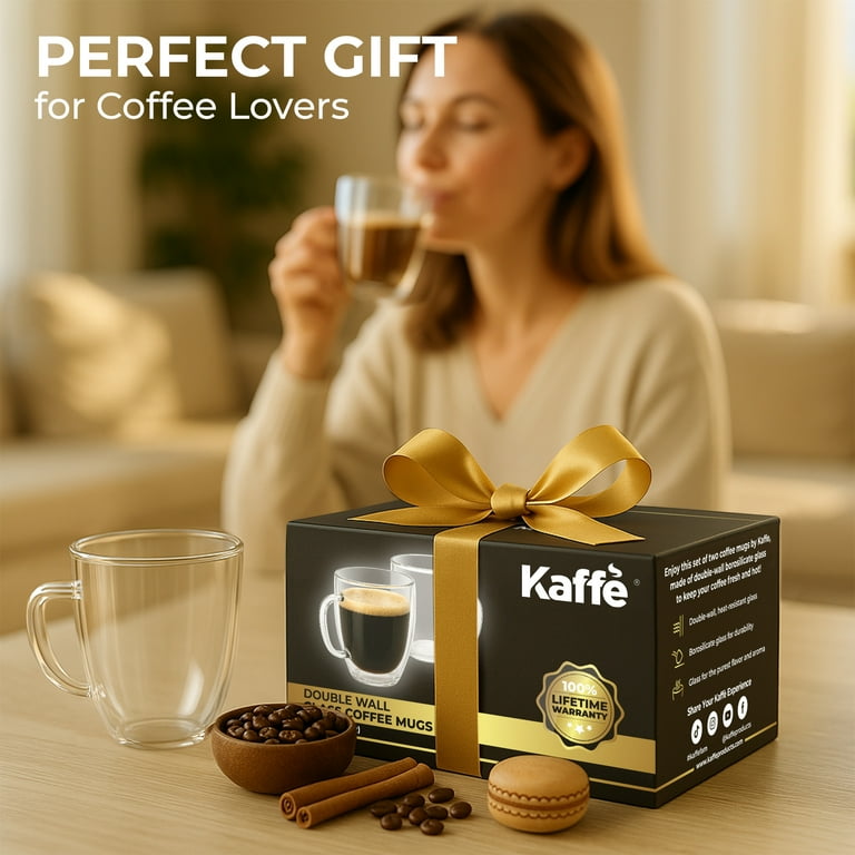 Kaffe 16oz Glass Coffee Mugs. Large Double-Wall Borosilicate Glass Coffee  Cups. Perfect insulation for Latte, Cappuccino, Tea. Set of 2 (Two)