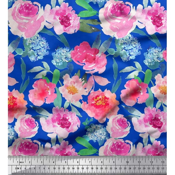Soimoi Crepe Silk Fabric Flower & Leaves Watercolor Fabric Prints By Yard 42 Inch Wide