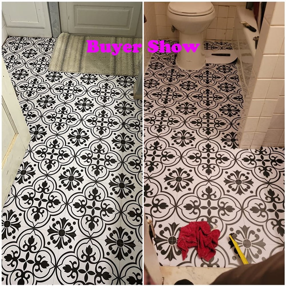 Lxcreat 20 Pcs Peel and Stick Floor Tile Flooring Black and White Flower, Vinyl Flooring 11.8-in x 11.8-in Self-Adhesive Removable for Bathroom/Kitchen