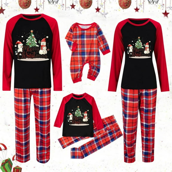 Odeerbi Christmas Pajamas for Family Holiday Plaid Long Sleeve Family Christmas Pajamas Matching Sets Dad Plaid Printed Loungewear Top Pants Set Two-Piece Sleepwear Xmas PJs Set Red