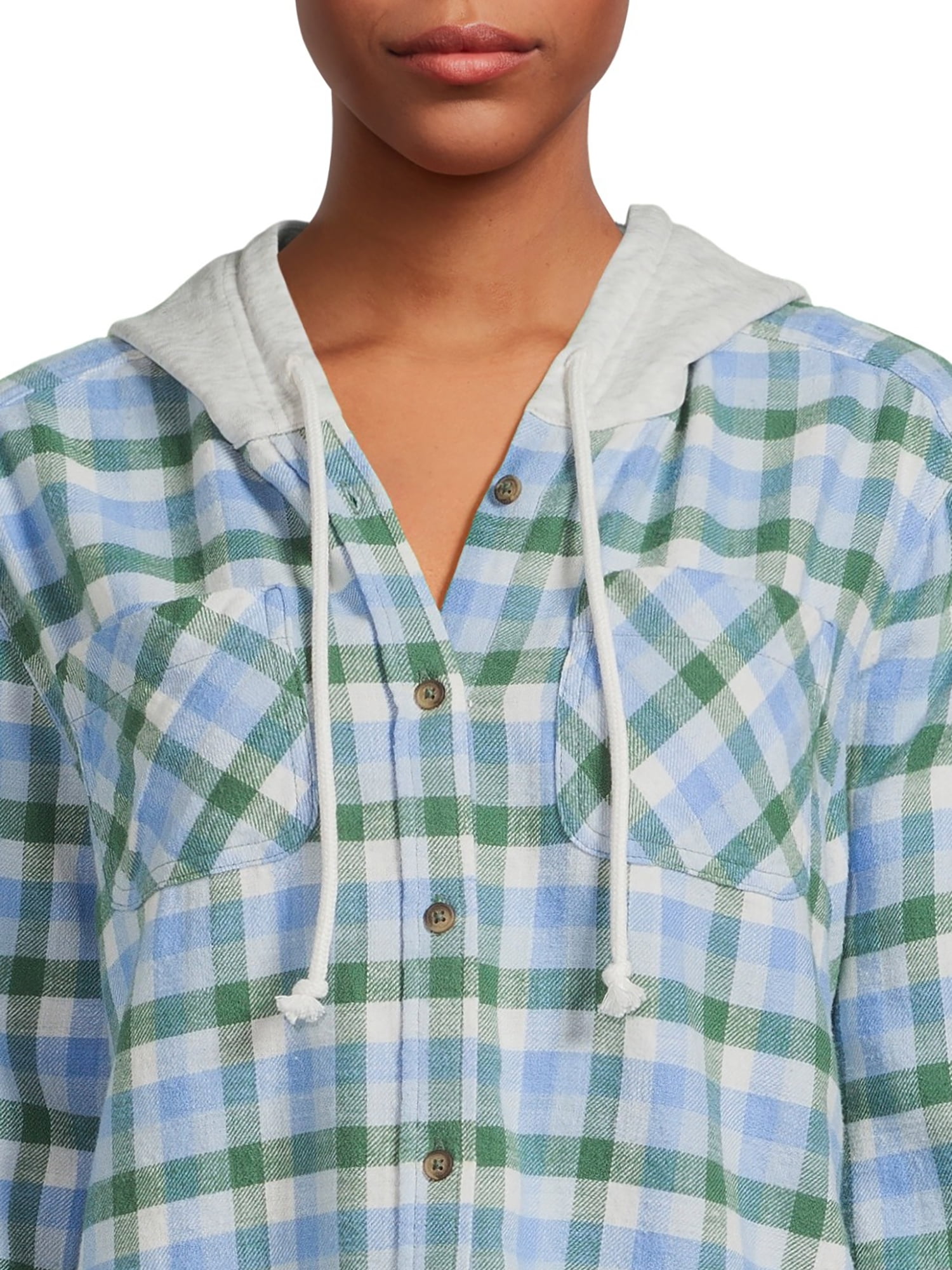 Time and Tru Women's Hooded Crop Flannel Shirt, Sizes XS-XXXL