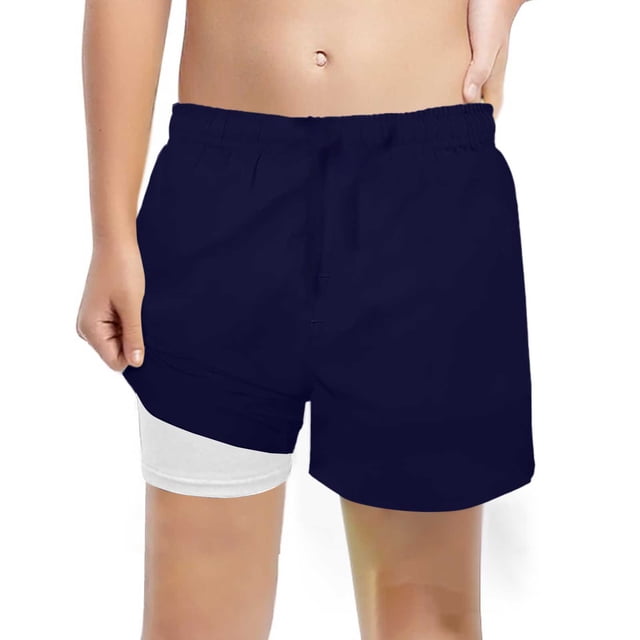 Boys Swim Trunks Kids Toddler Boys Solid Color Quick Dry Swim Trunks with Compression Liner Stretch Swim Shorts Rash Guard for Boys Dark Blue 14 Years-16 Years