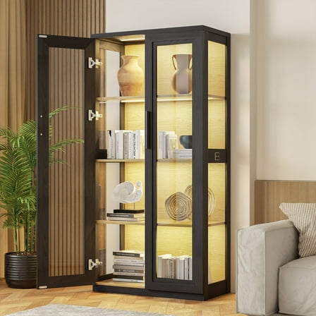 BROTTAR 65" Curio Display Cabinet with Glass Doors, 3 Color Lights & Human body Sensor, Black