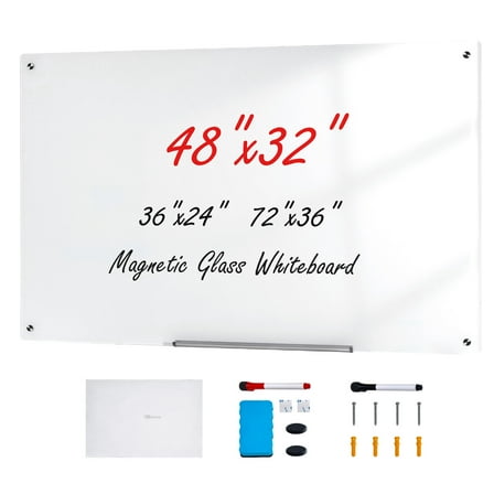 SLSRFD Magnetic Glass Whiteboard Dry-Erase Board 48"x32" Wall Mounted with Tray