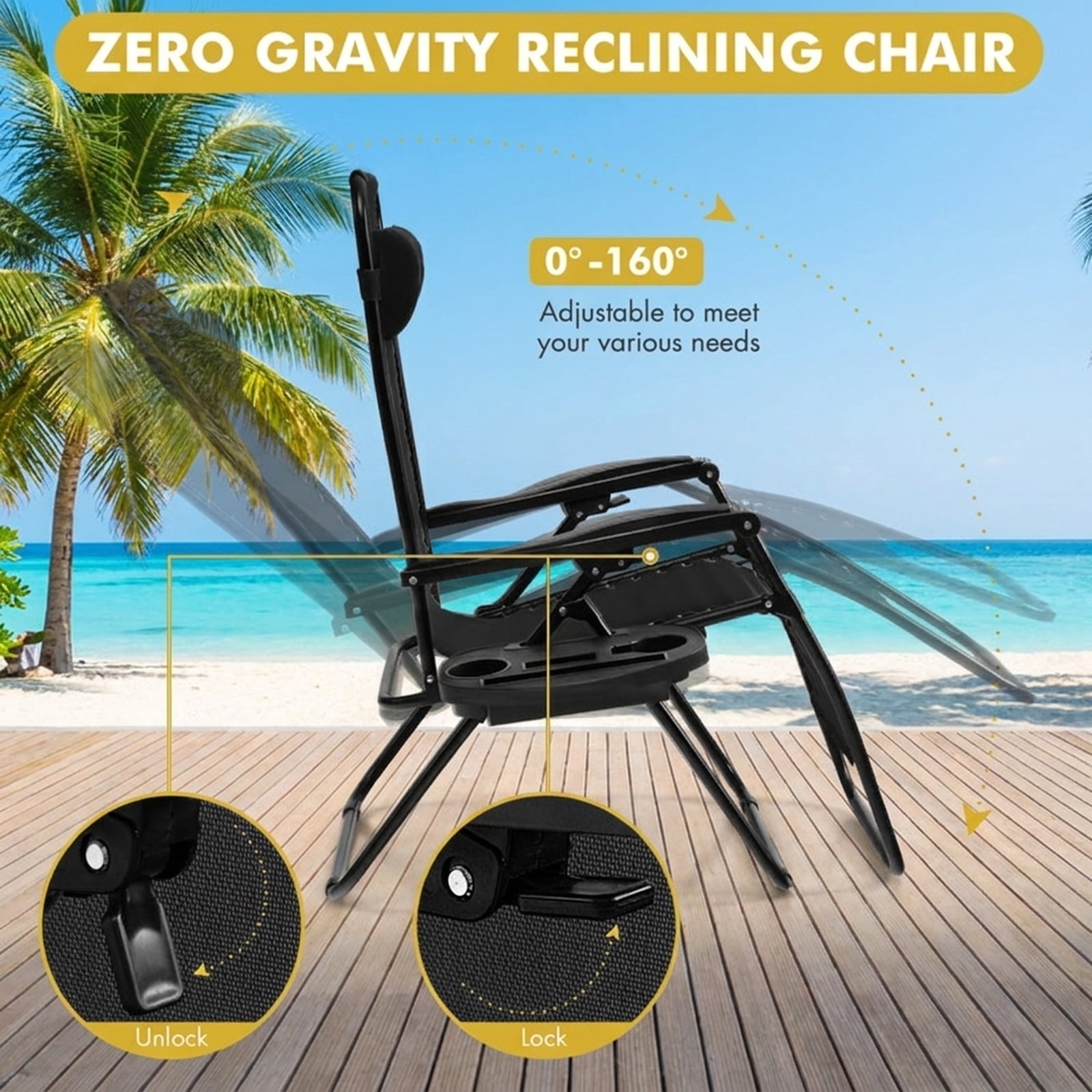 Furnibear Folding Zero Gravity Reclining Lounge Chair with Lockable Recline Removable Cup Holder Tray Detachable Headrest Steel and Aluminum Frame and 350 lb Capacity, Green