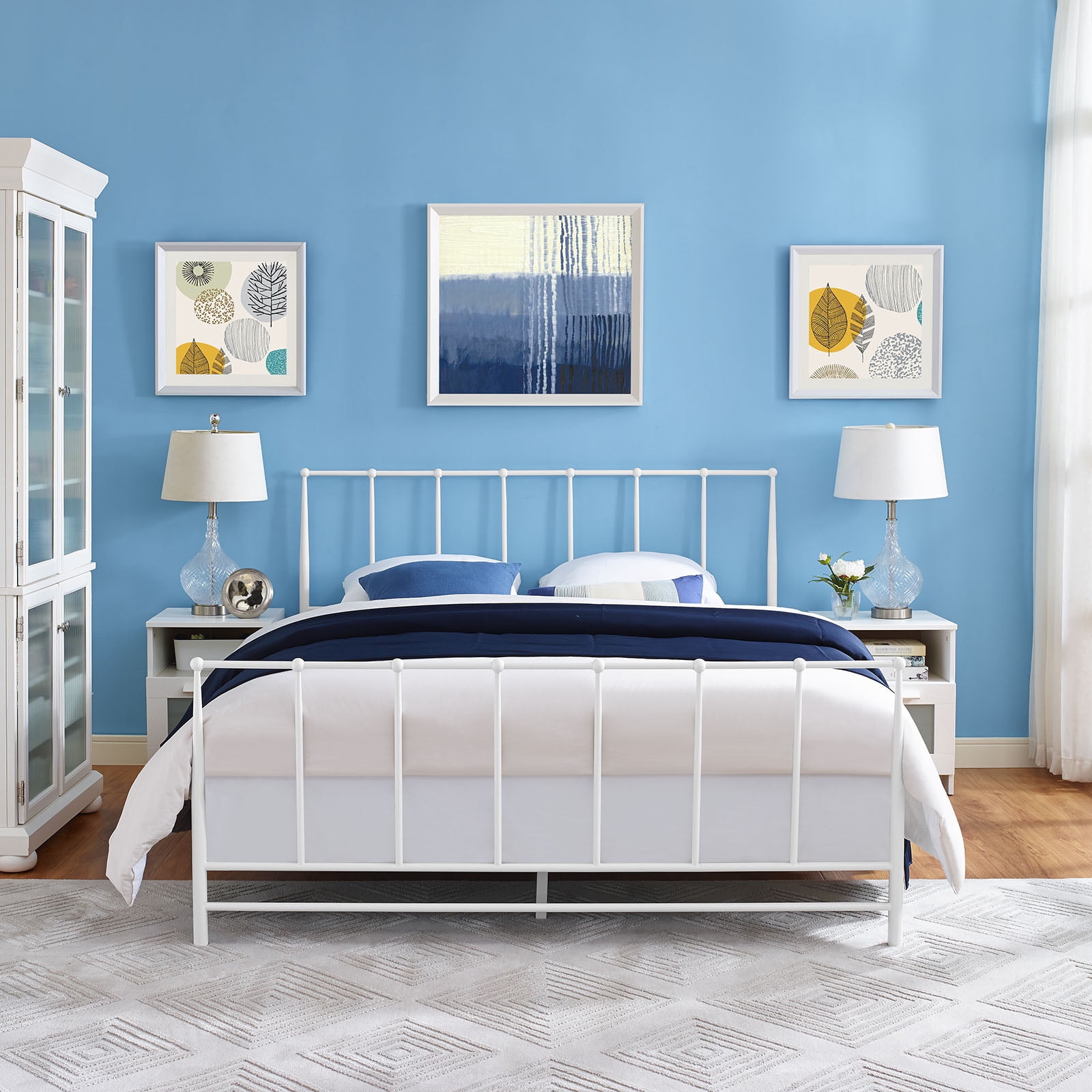 Modern Contemporary Urban Design Bedroom King Size Platform Bed Frame, White, Metal Steel