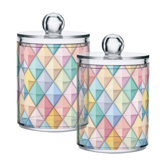 Yayeee 2 Pack Qtip Holder Bathroom Cotton Swab Canister with Lid Clear Dispenser Set, Colorful Geometric