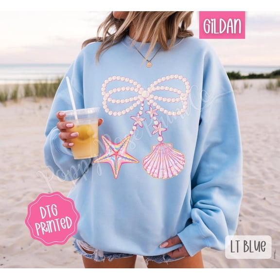 Pearl Shell Bow Sweatshirt, Cute Summer Sweater, Girly Beach Crewneck, Seashell Bow Sweater, Coquette Beach Cover Up, for Her All Size S-5Xl