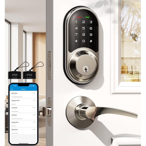 Veise RZ06B Smart Lock for Front Door with 2 Lever Handle Set, Satin Nickel | 5 in 1 Keyless Entry, Electronic Digital Touchscreen Deadbolt, App Control, 250 Codes, Auto-Lock, BHMA Certified