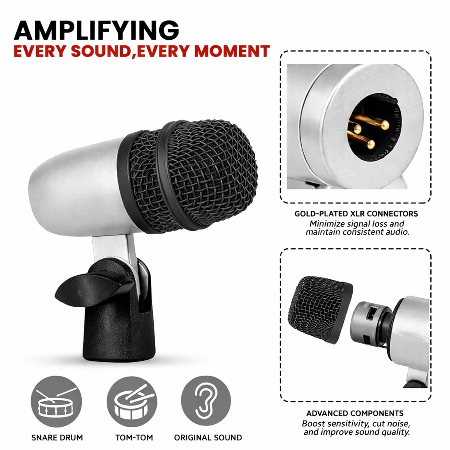 Bass Microphone, Portable Microphone, Clip-on Microphone, with Desktop Stand and XLR Interface, Suitable for Recording Studios and Concerts