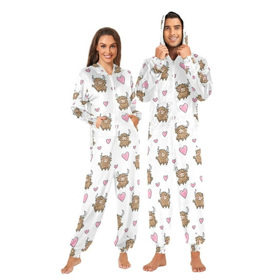 Adult Christmas Onesie Cute Highland Cattle Adult Zipper One-Piece Pajamas Unisex Pajamas with Pockets