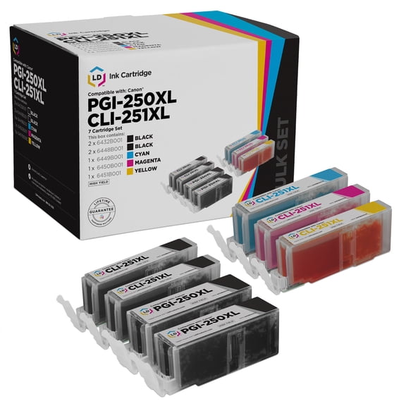 LD Compatible Ink Cartridge Replacement for Canon PGI-250XL & CLI-251XL High Yield (2 Pigment Black, 2 Black, 1 Cyan, 1 Magenta, 1 Yellow, 7-Pack)