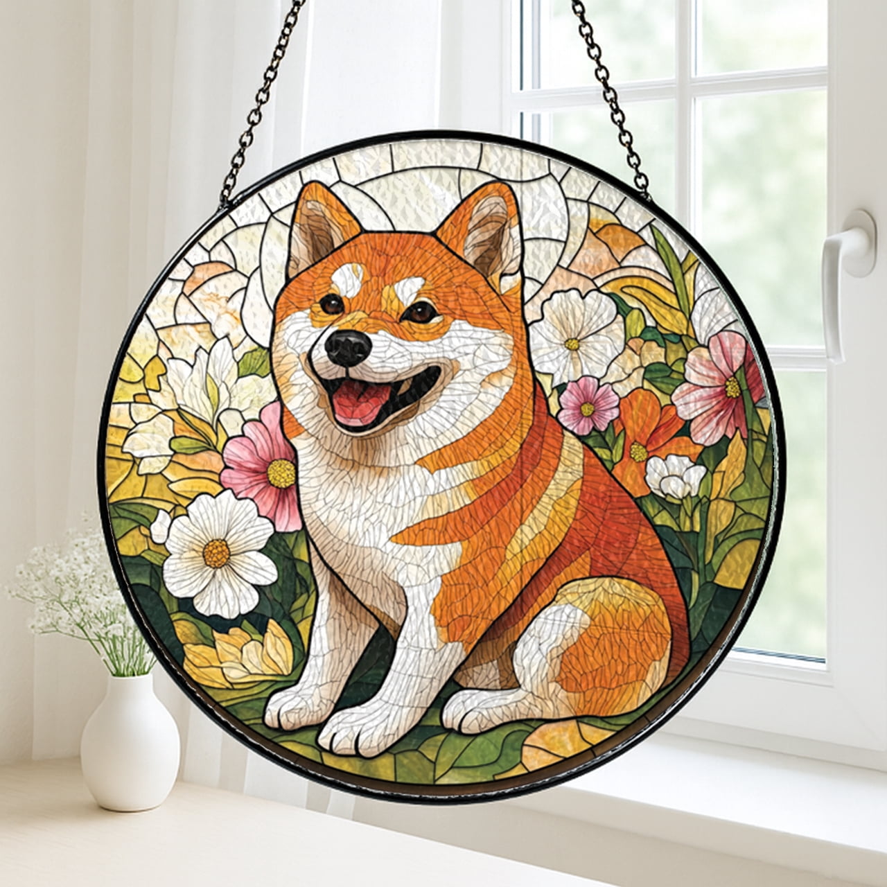 Colorful Shiba Inu Dog Glass Suncatcher, Window Hanging, Ideal Gift for Dog Enthusiasts