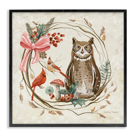 Stupell Industries Farmhouse Woodland Owl Rustic Wreath Black Framed Giclee Art, 12 x 12, by Kelley Talent